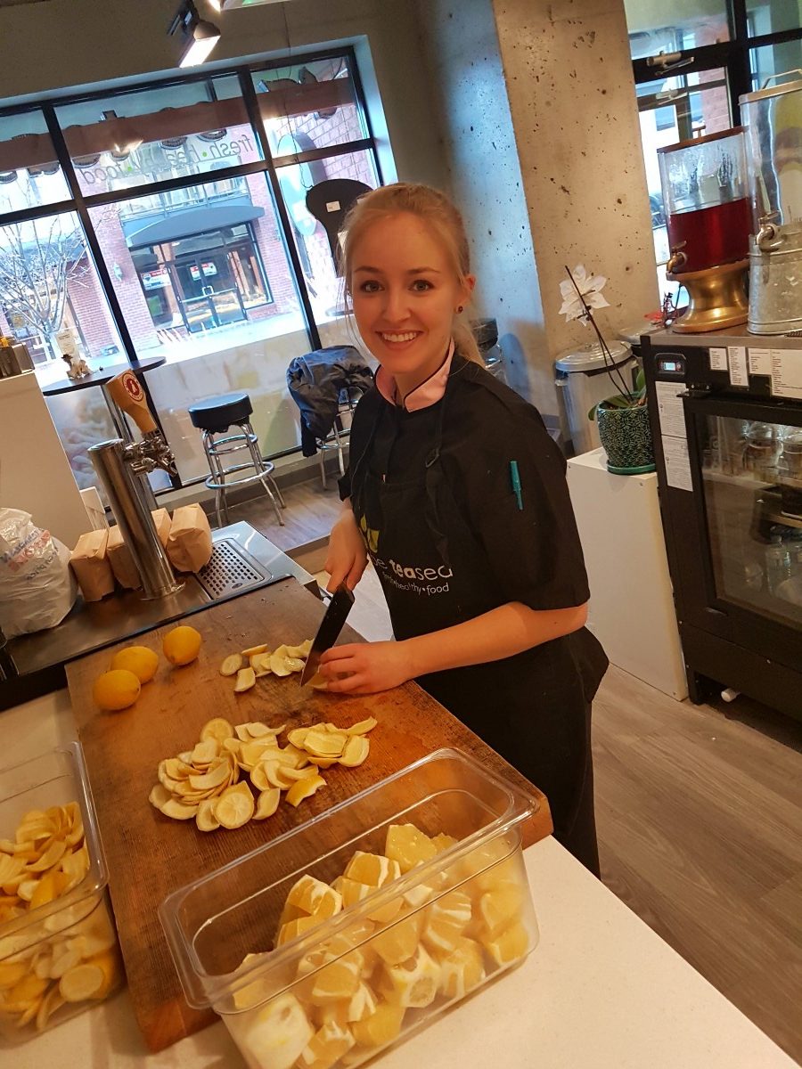 Culinary Arts student Jessica Rowat working on meal prep at Be TEAsed Restaurant in Kamloops