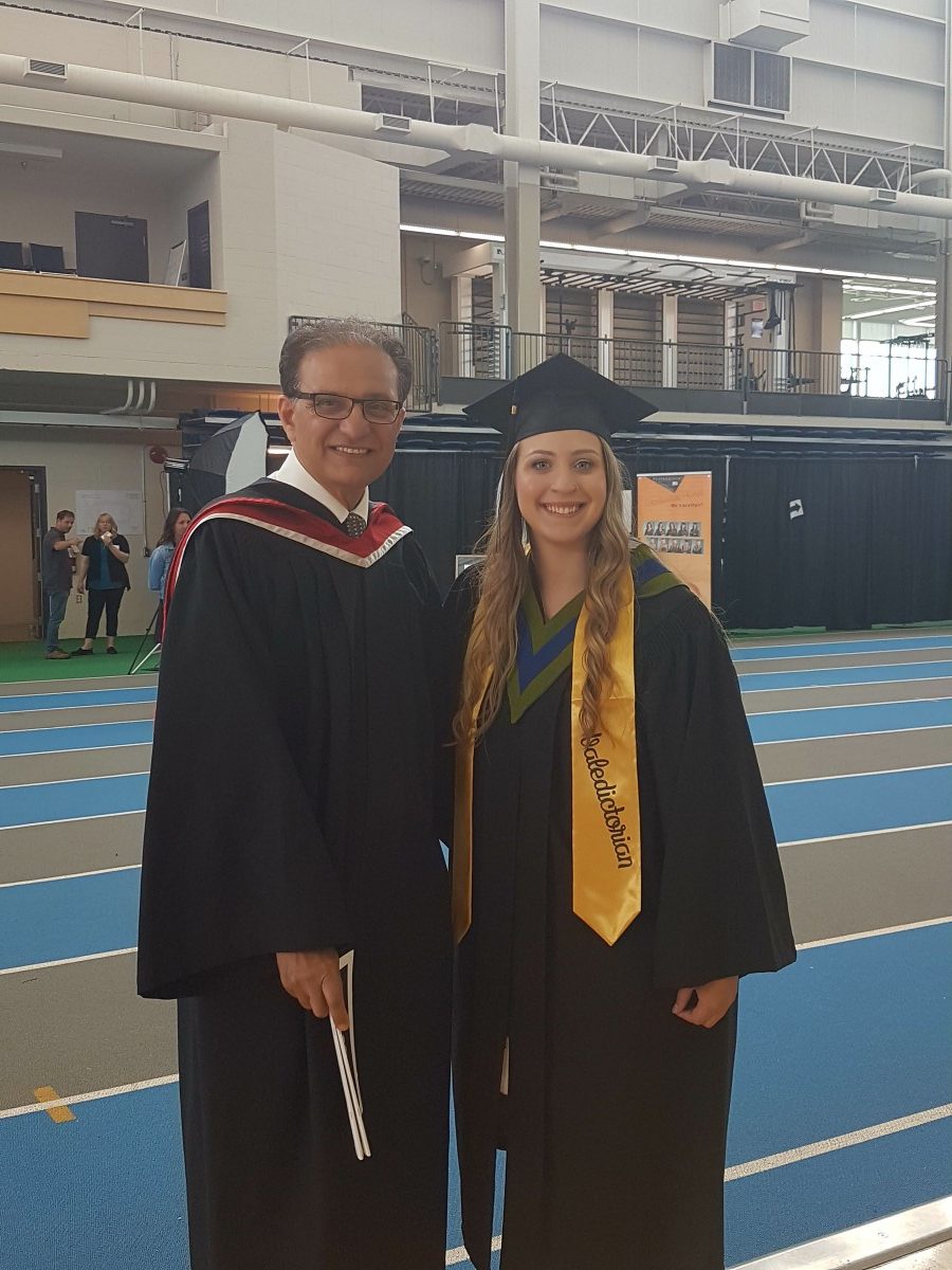 Baldev Pooni, the Dean of the School of Trades and Technology at Thompson Rivers University standing with Becca Peters, the chosen Valedictorian for the Spring 2018 Graduation ceremony
